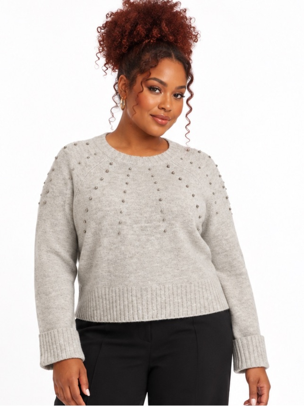 ELLEN TRACY Rhinestone Embellished Cropped Sweater Light Grey Women’s Size XL